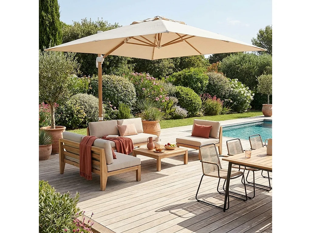 Parasol rectangular poste efecto madera, 3x4m crudo