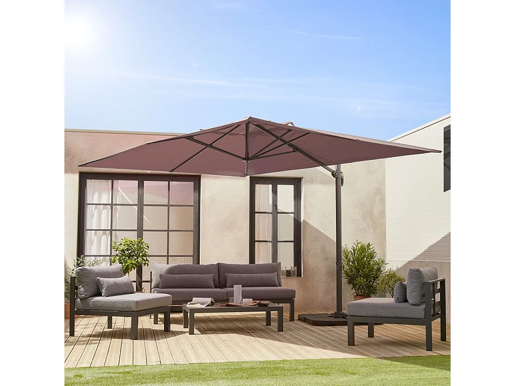 Parasol déporté rectangulaire 3x4m - Wimereux - Taupe- Parasol excentré inclinable dans 5 positions. rotatif à 360°.