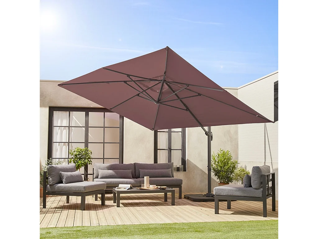 Parasol déporté rectangulaire 3x4m - Wimereux - Taupe- Parasol excentré inclinable dans 5 positions. rotatif à 360°.