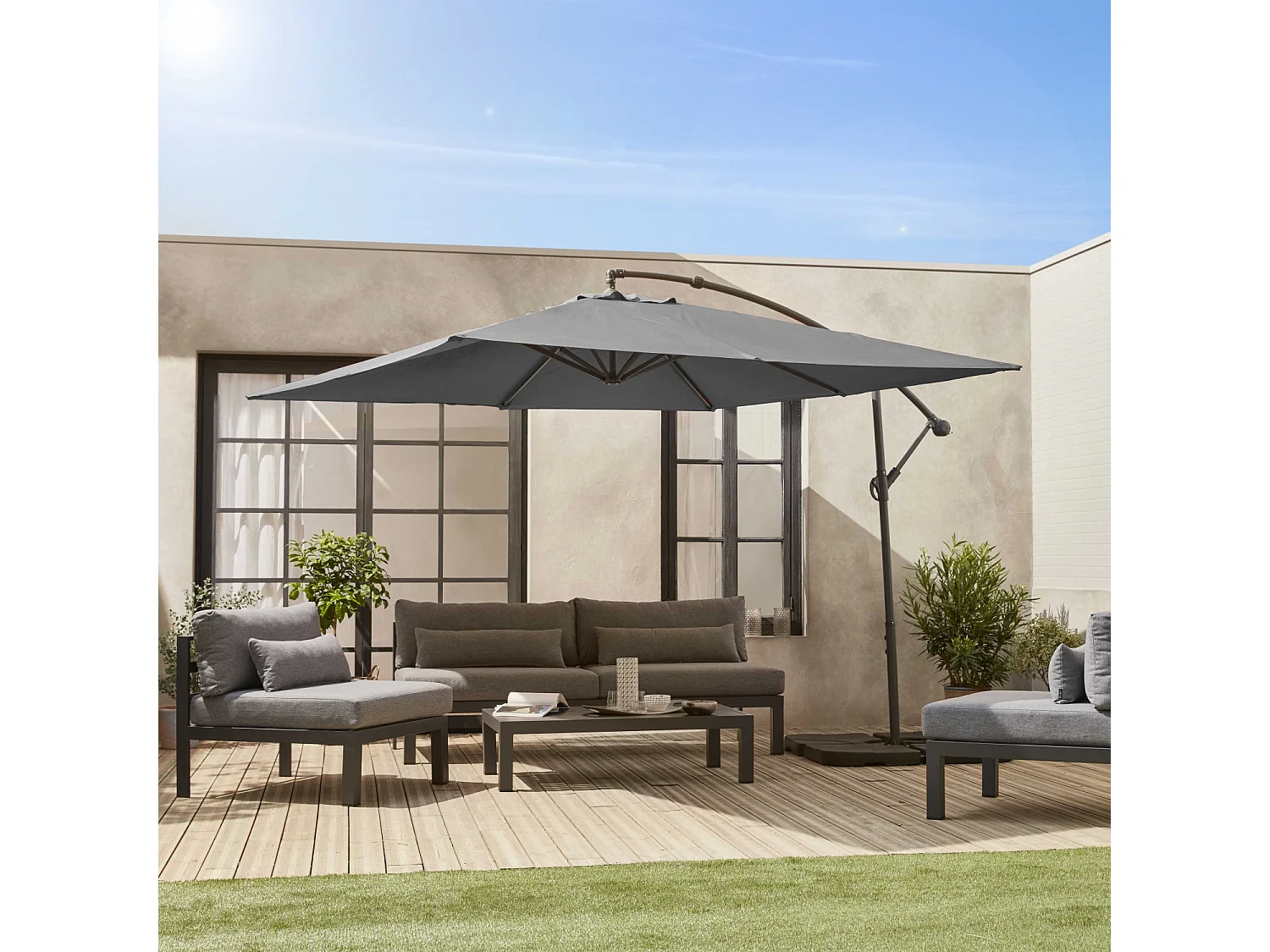 Parasol déporté carré 3x3m - Hardelot 3x3m - Gris - Manivelle anti-retour | Toile déperlante | Facile à utiliser