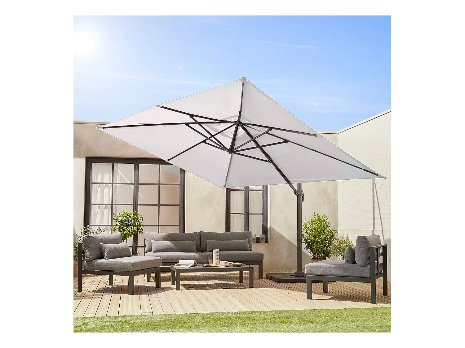 Parasol déporté rectangulaire 3x4m - Wimereux - Ecru - Parasol excentré inclinable dans 5 positions. rotatif à 360°.
