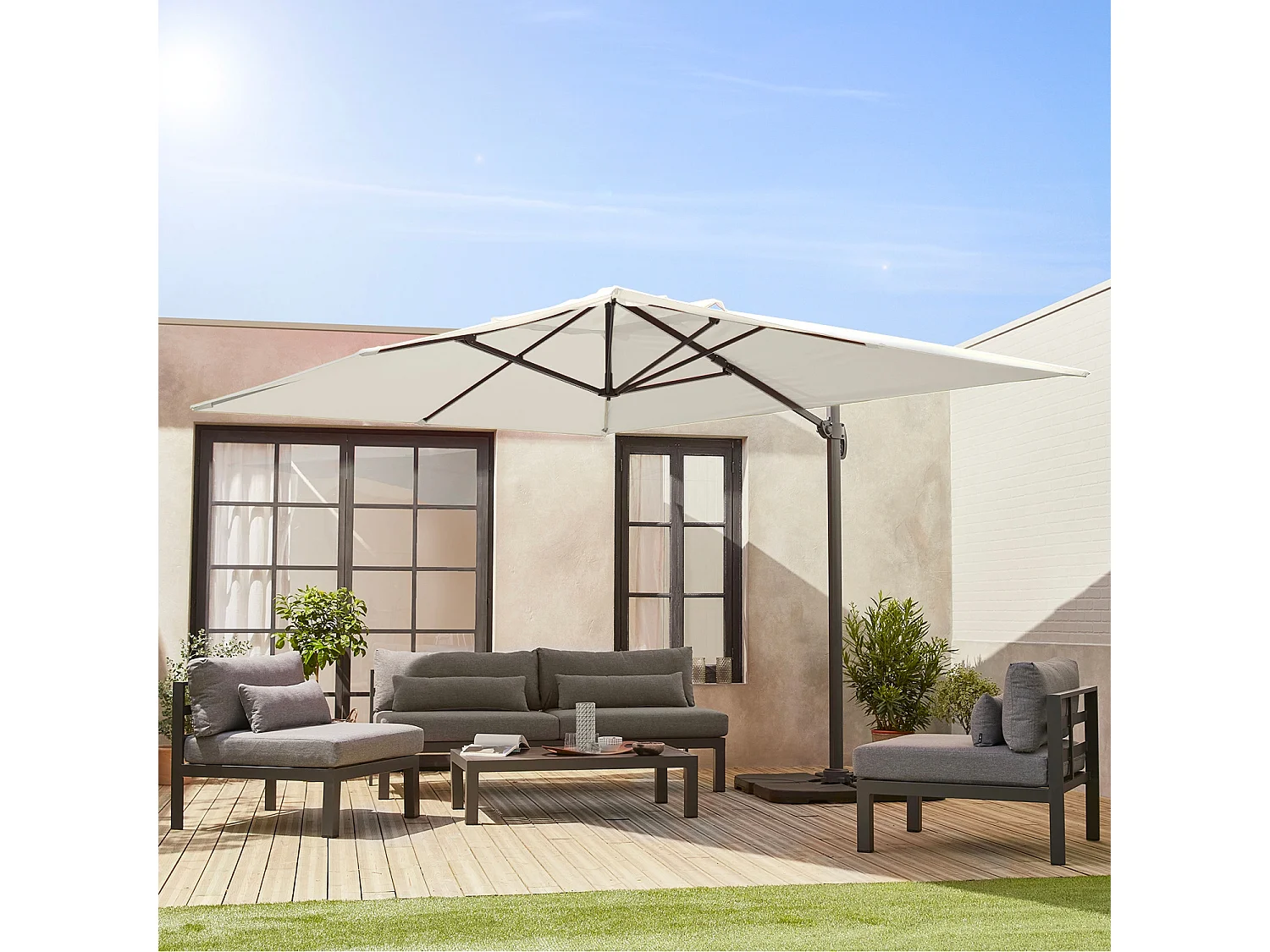 Ombrellone rettangolare, 3x4m + base, ecrù
