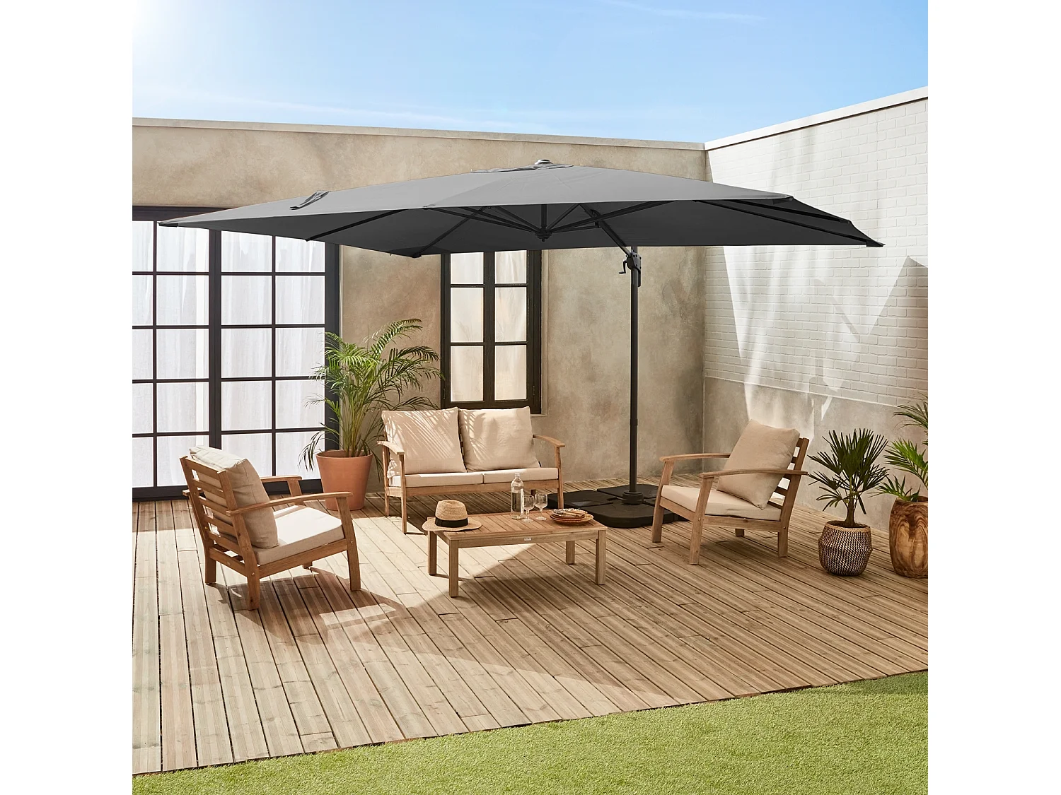 Parasol déporté rectangulaire 3x4m – Antibes – gris – parasol déporté. inclinable. rabattable et rotatif à 360°