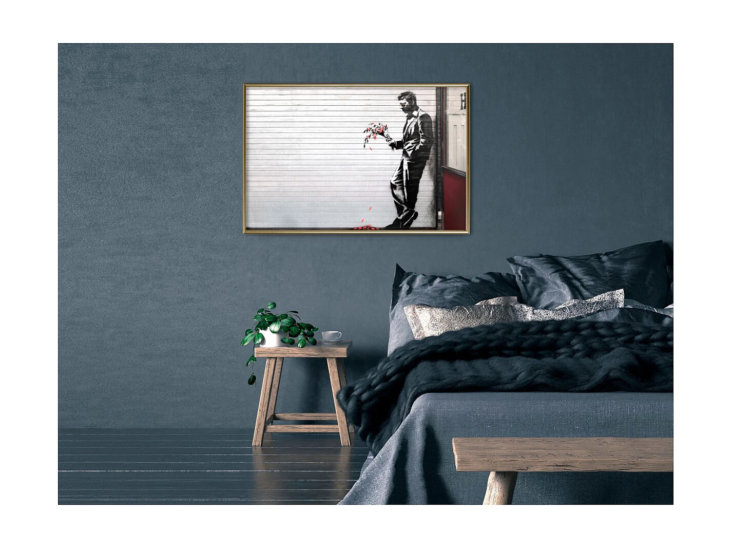 Affiche Murale Encadrée "Banksy Waiting in Vain" 90 x 60 cm Or