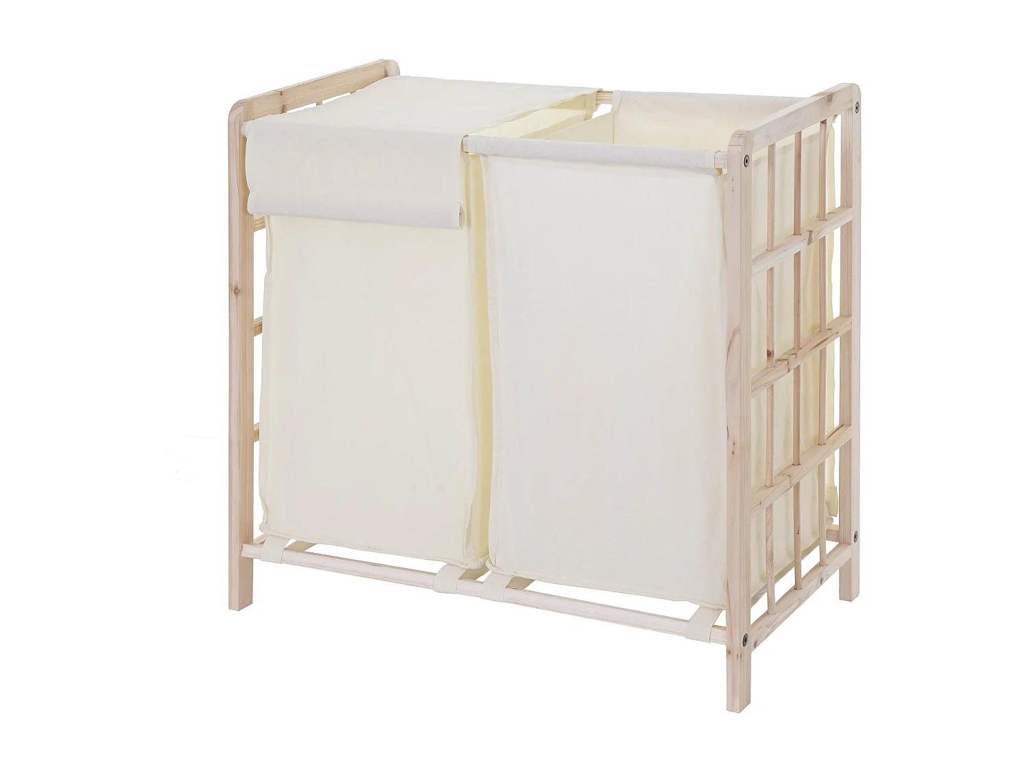 Portabiancheria MCW-B60 legno di abete 2x ceste 68l legno chiaro tessuto avorio