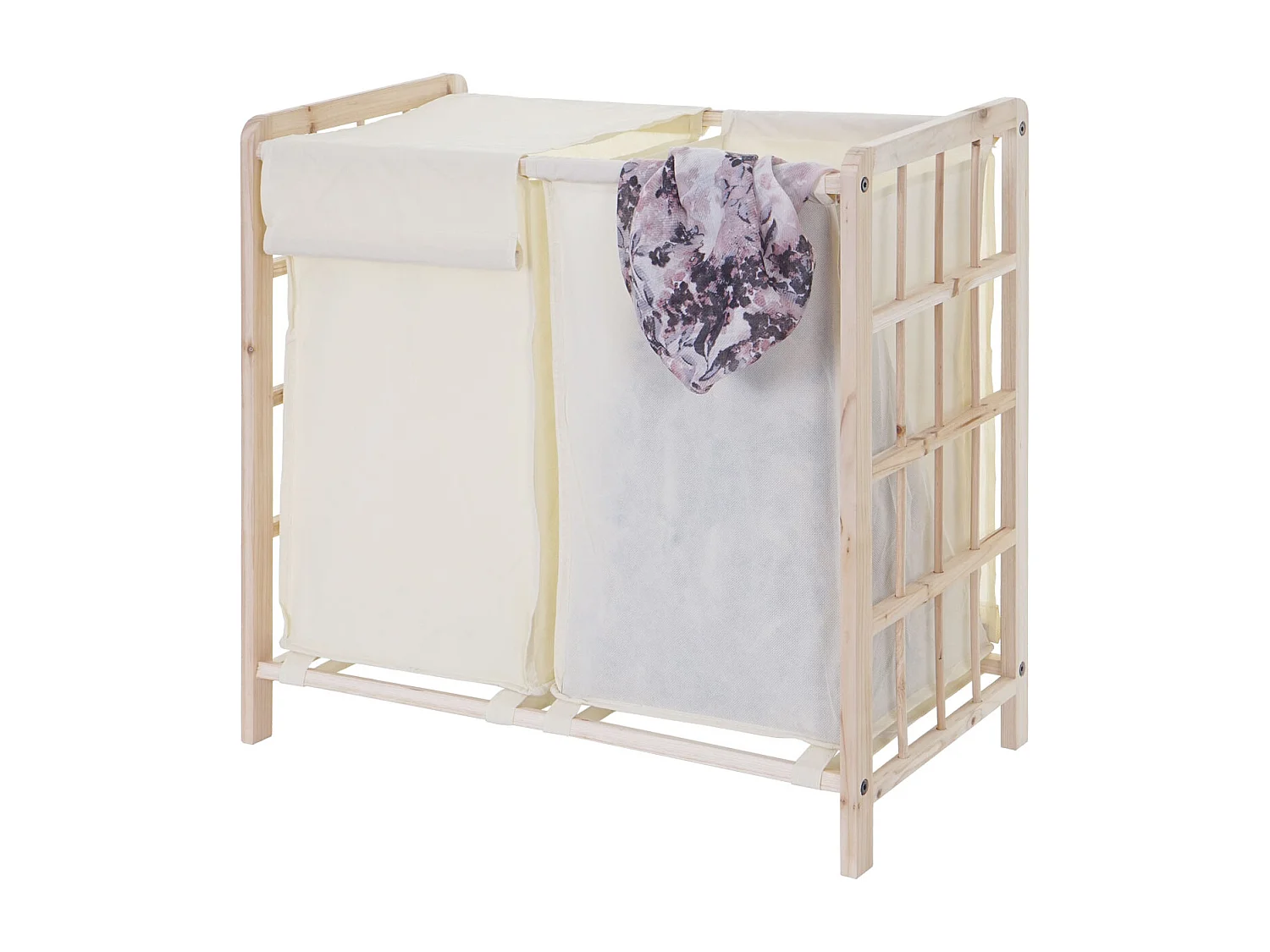 Portabiancheria MCW-B60 legno di abete 2x ceste 68l legno chiaro tessuto avorio