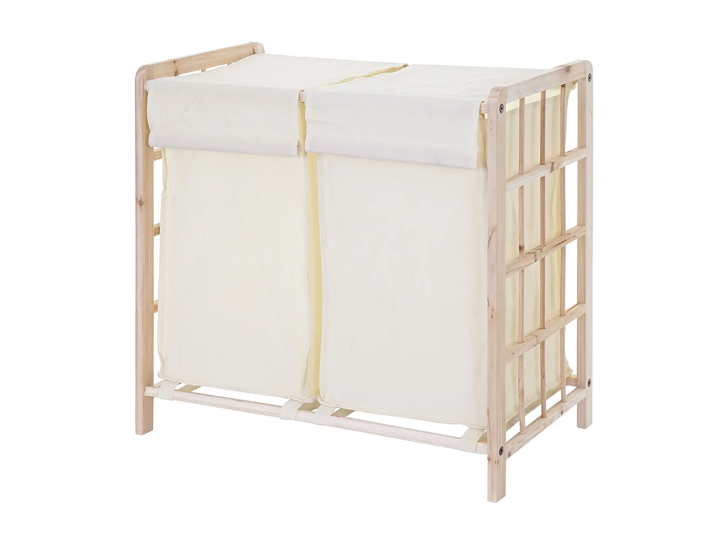 Portabiancheria MCW-B60 legno di abete 2x ceste 68l legno chiaro tessuto avorio