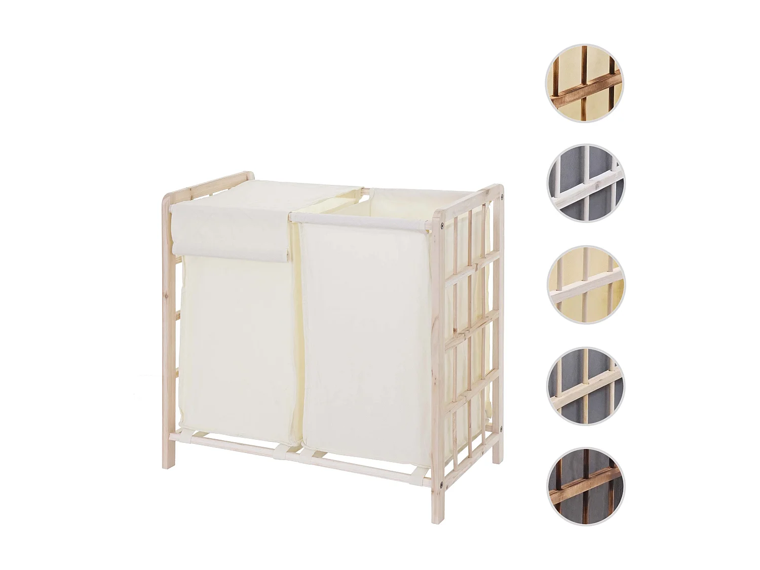 Portabiancheria MCW-B60 legno di abete 2x ceste 68l legno chiaro tessuto avorio