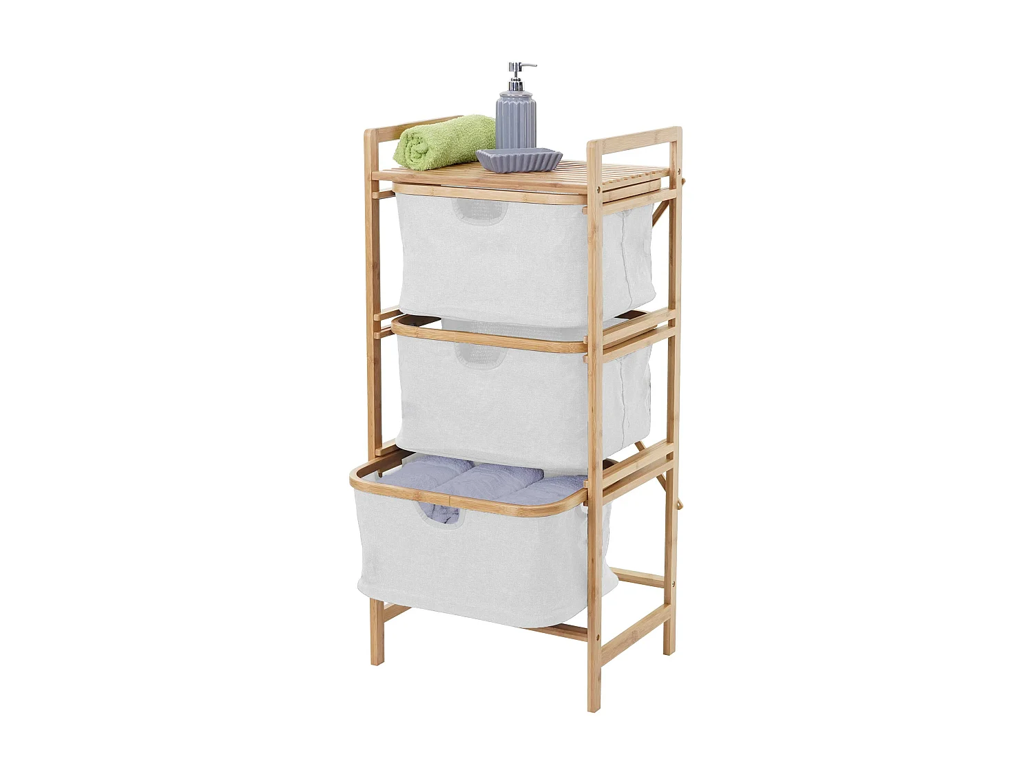 Collecteur de linge MCW-B56, Meuble à linge MCW-B56, 3 paniers, bambou, 96x44x34cm, 78l