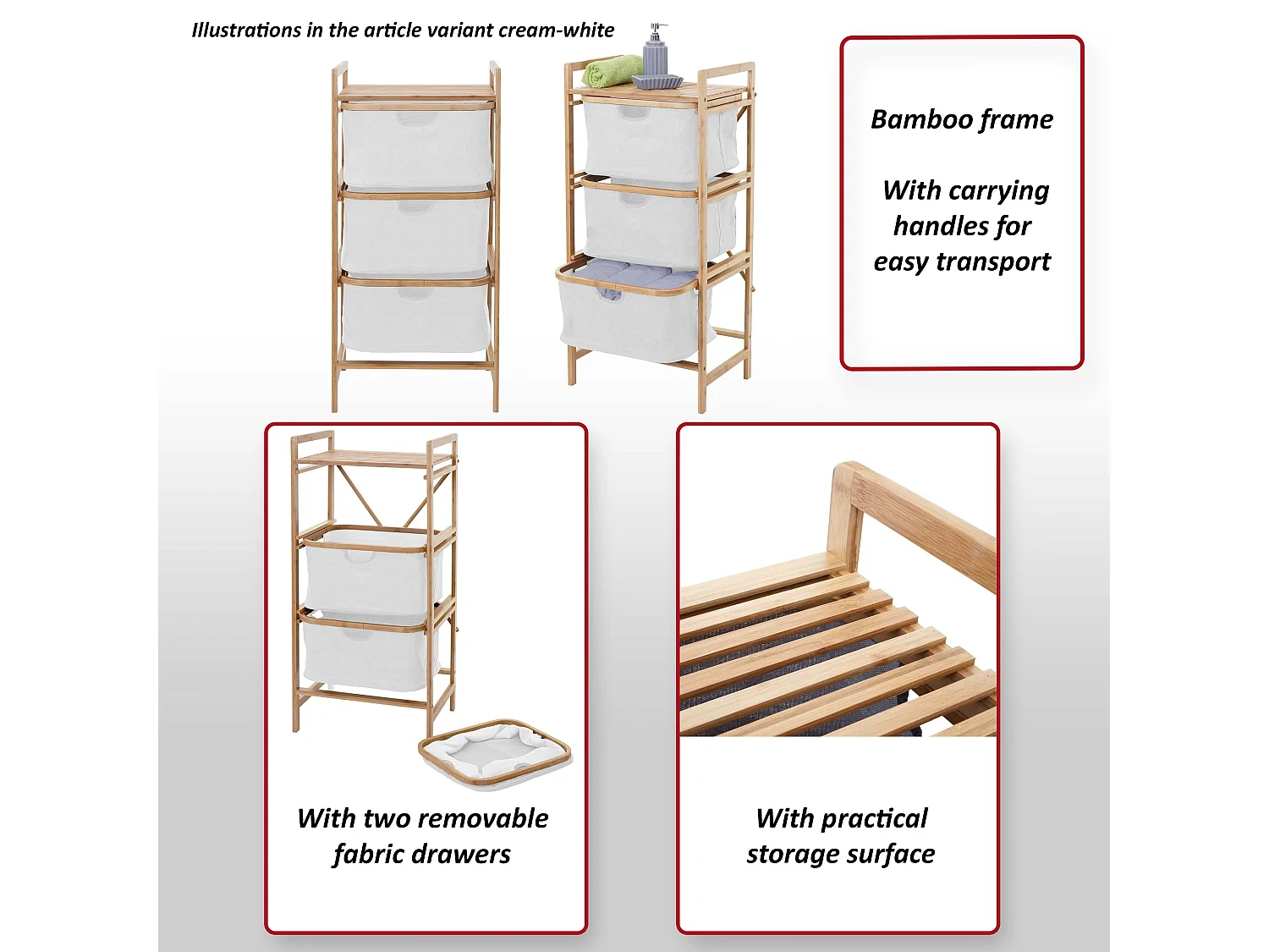 Collecteur de linge MCW-B56, Meuble à linge MCW-B56, 3 paniers, bambou, 96x44x34cm, 78l