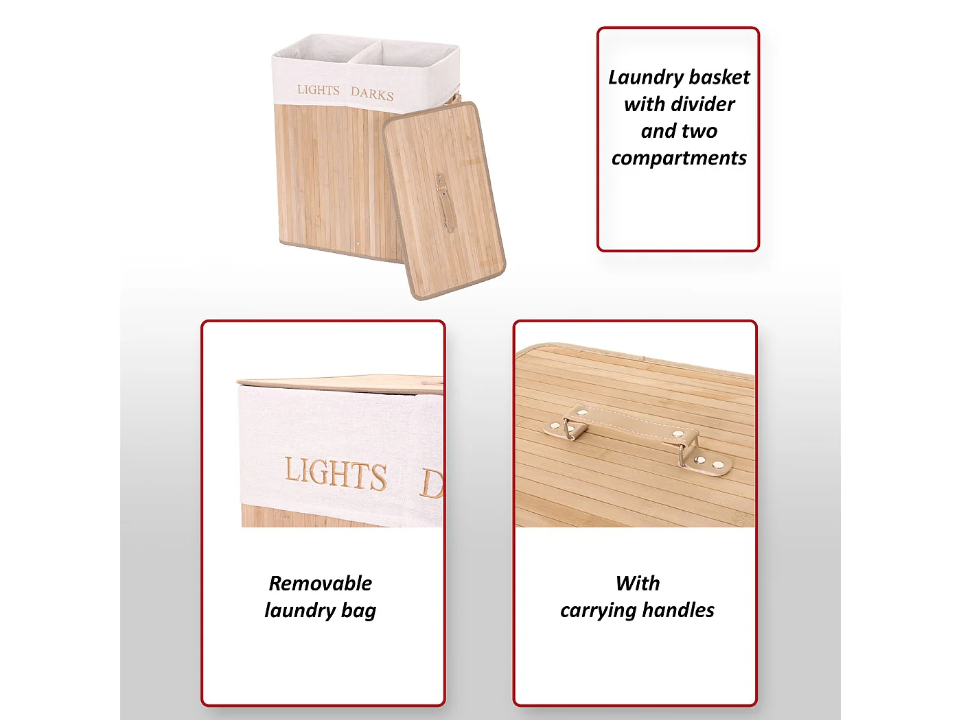 Cesta borsa portabiancheria bagno elegante MCW-C21 legno bambù 34x55x63cm 100l ~ naturale