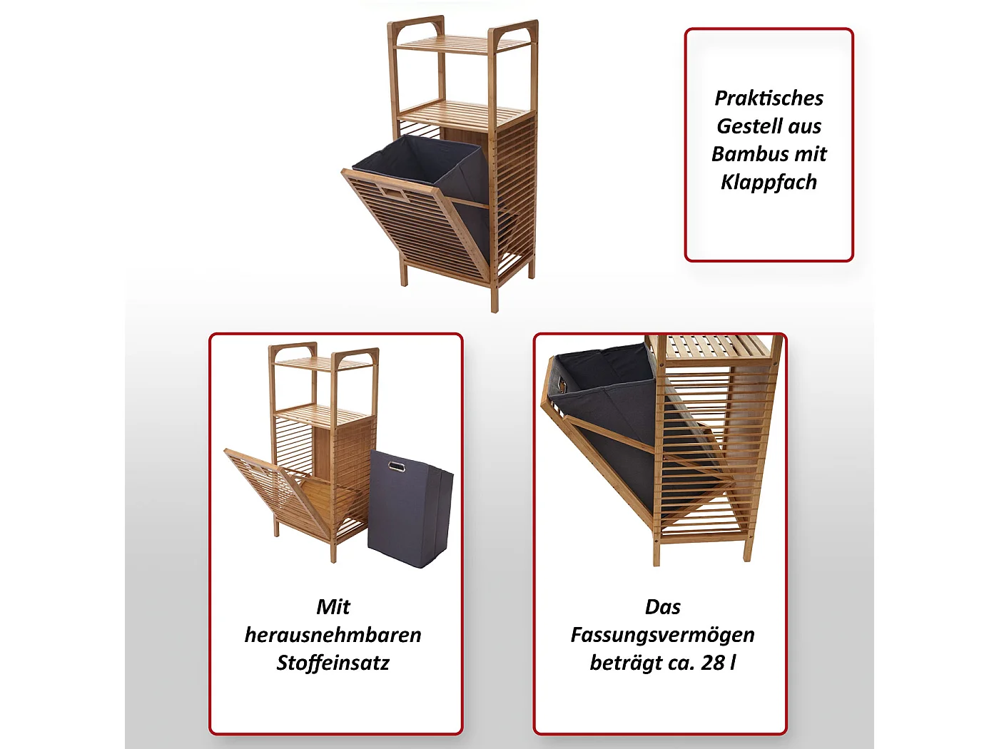 Scaffale con portabiancheria MCW-B94 legno bambu a listelle 95x40x30cm