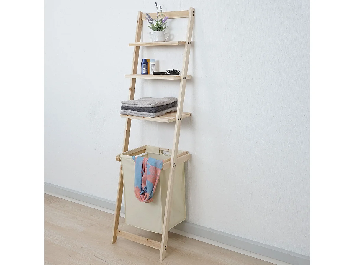 Scaffale con cesta portabiancheria MCW-B59 3 ripiani legno di abete