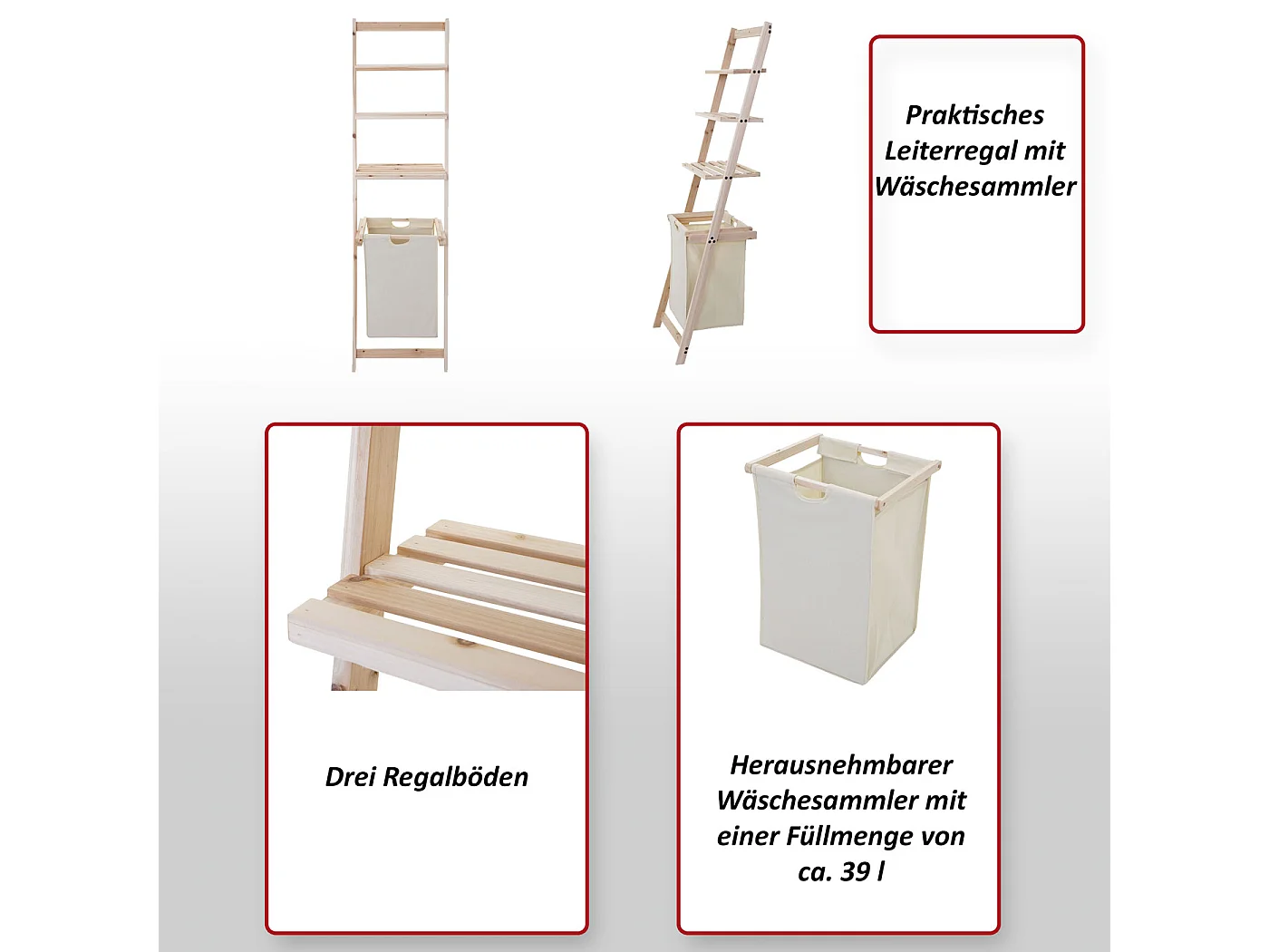 Scaffale con cesta portabiancheria MCW-B59 3 ripiani legno di abete