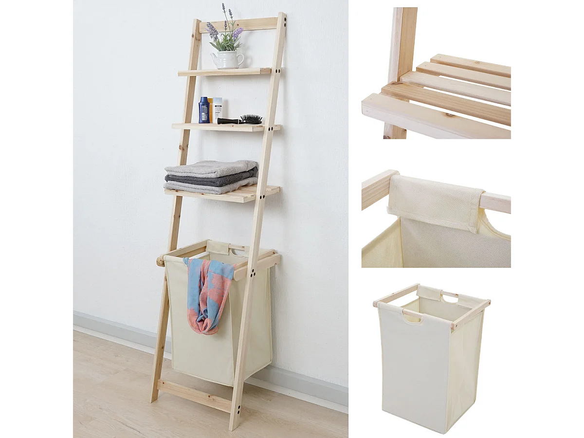 Scaffale con cesta portabiancheria MCW-B59 3 ripiani legno di abete