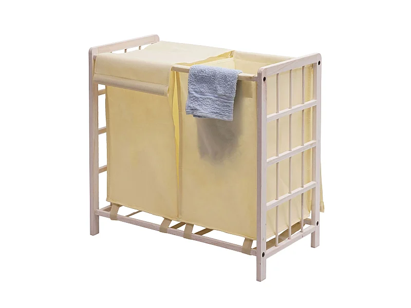 Portabiancheria MCW-B60 legno di abete 2x ceste 68l legno bianco vintage tessuto avorio