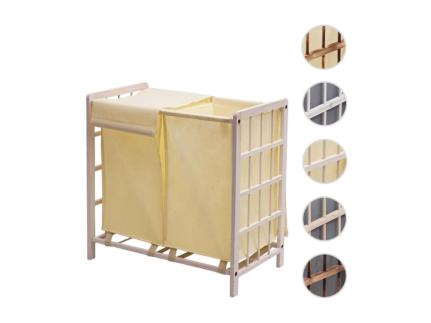 Portabiancheria MCW-B60 legno di abete 2x ceste 68l legno bianco vintage tessuto avorio
