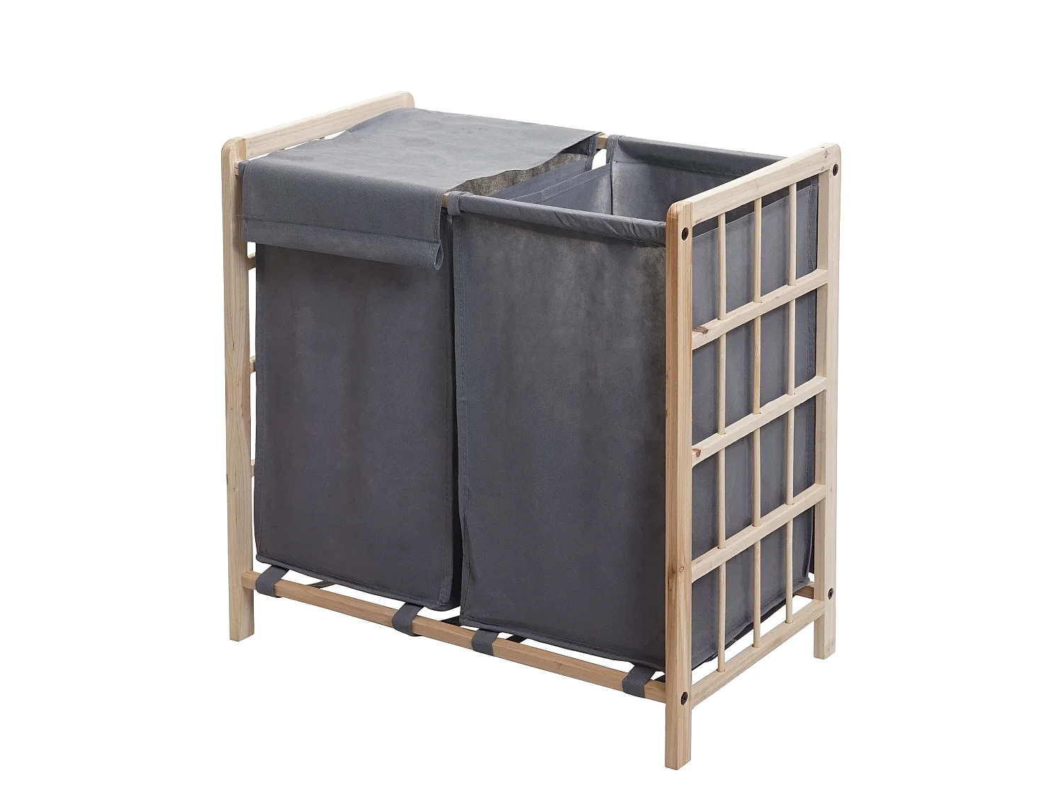 Portabiancheria MCW-B60 legno di abete 2x ceste 68l legno chiaro tessuto grigio
