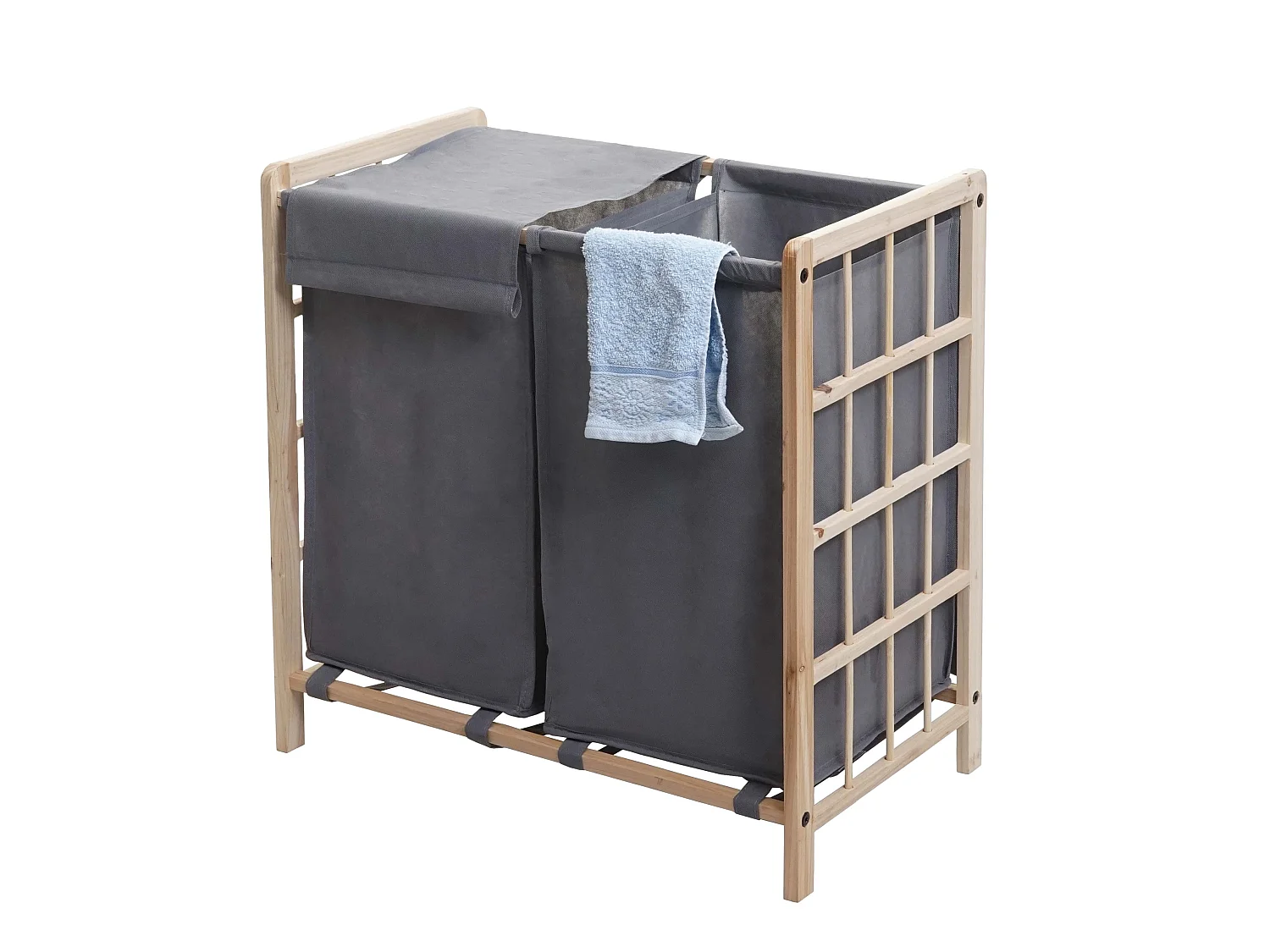 Portabiancheria MCW-B60 legno di abete 2x ceste 68l legno chiaro tessuto grigio