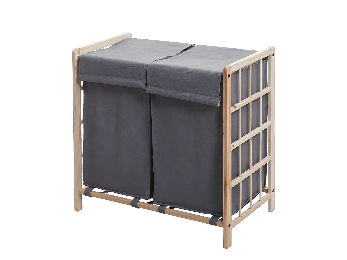 Portabiancheria MCW-B60 legno di abete 2x ceste 68l legno chiaro tessuto grigio