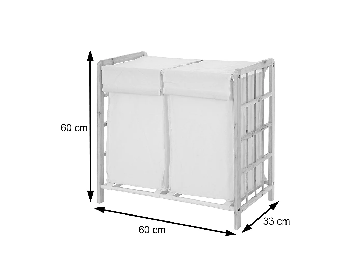 Portabiancheria MCW-B60 legno di abete 2x ceste 68l legno chiaro tessuto grigio