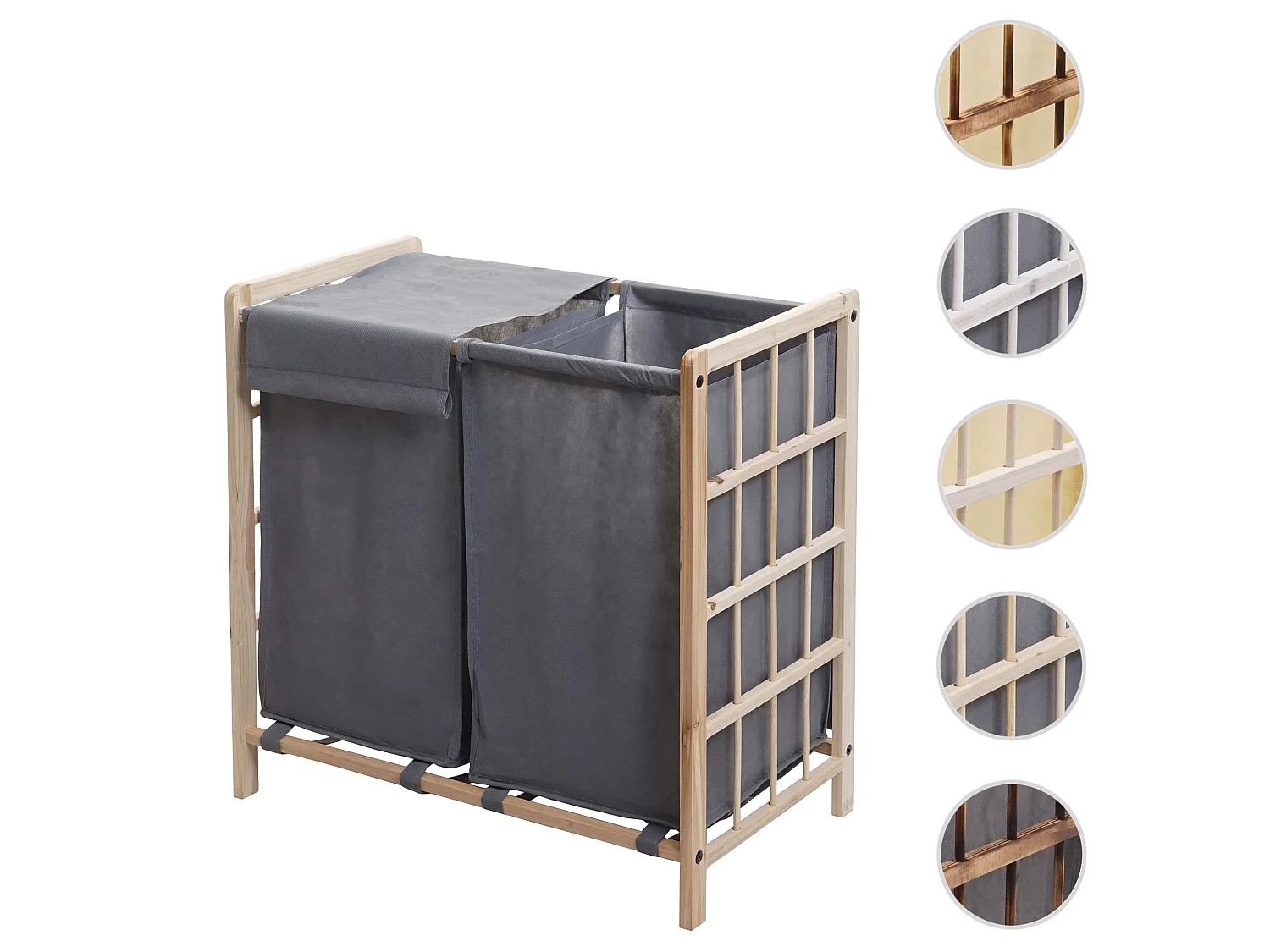 Portabiancheria MCW-B60 legno di abete 2x ceste 68l legno chiaro tessuto grigio