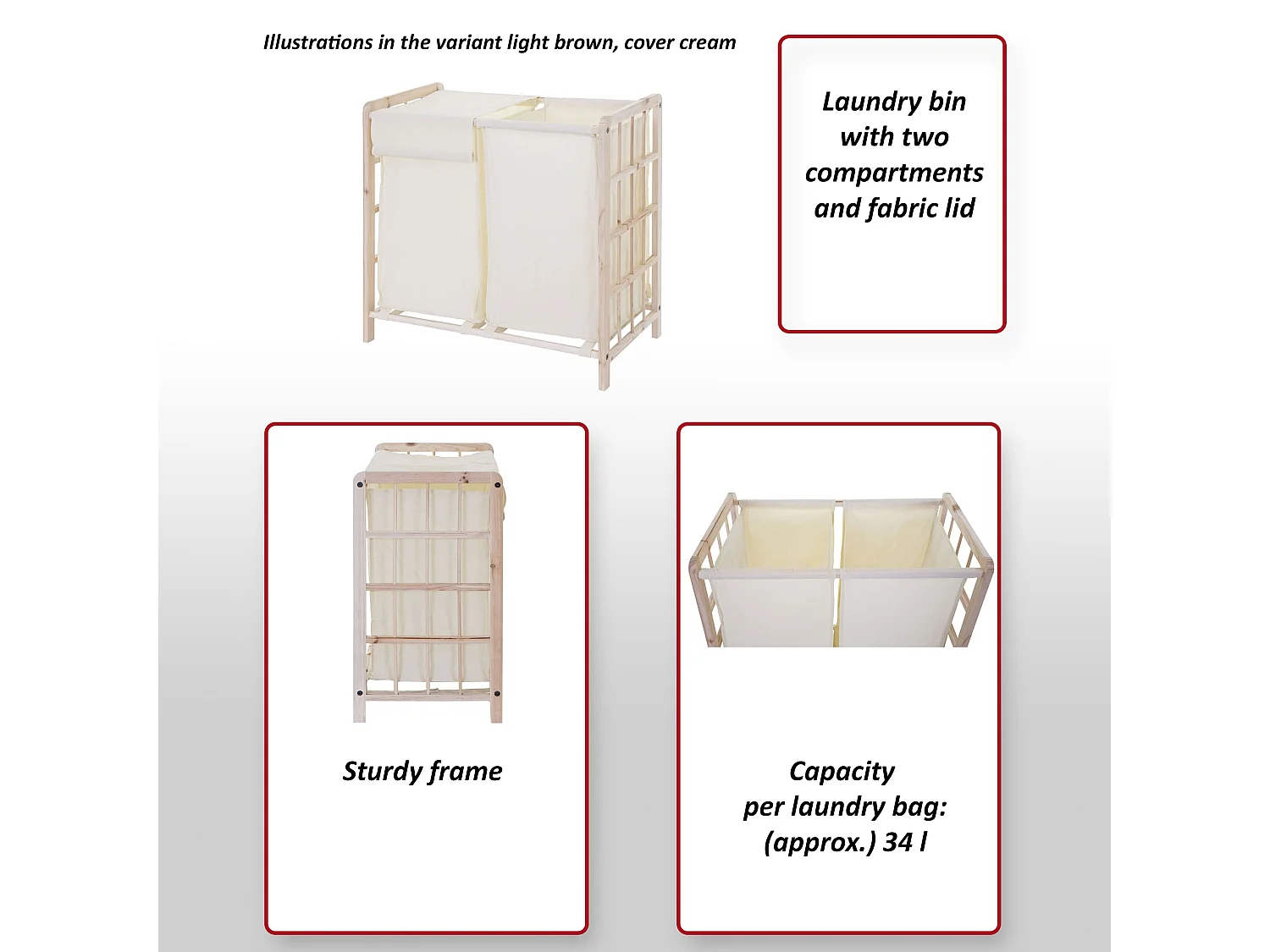 Portabiancheria MCW-B60 legno di abete 2x ceste 68l legno chiaro tessuto grigio