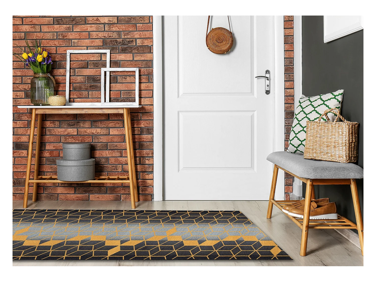 TAPIS DE COULOIR antidérapant HEKSAGON Hexagone noir / or 80x330 cm