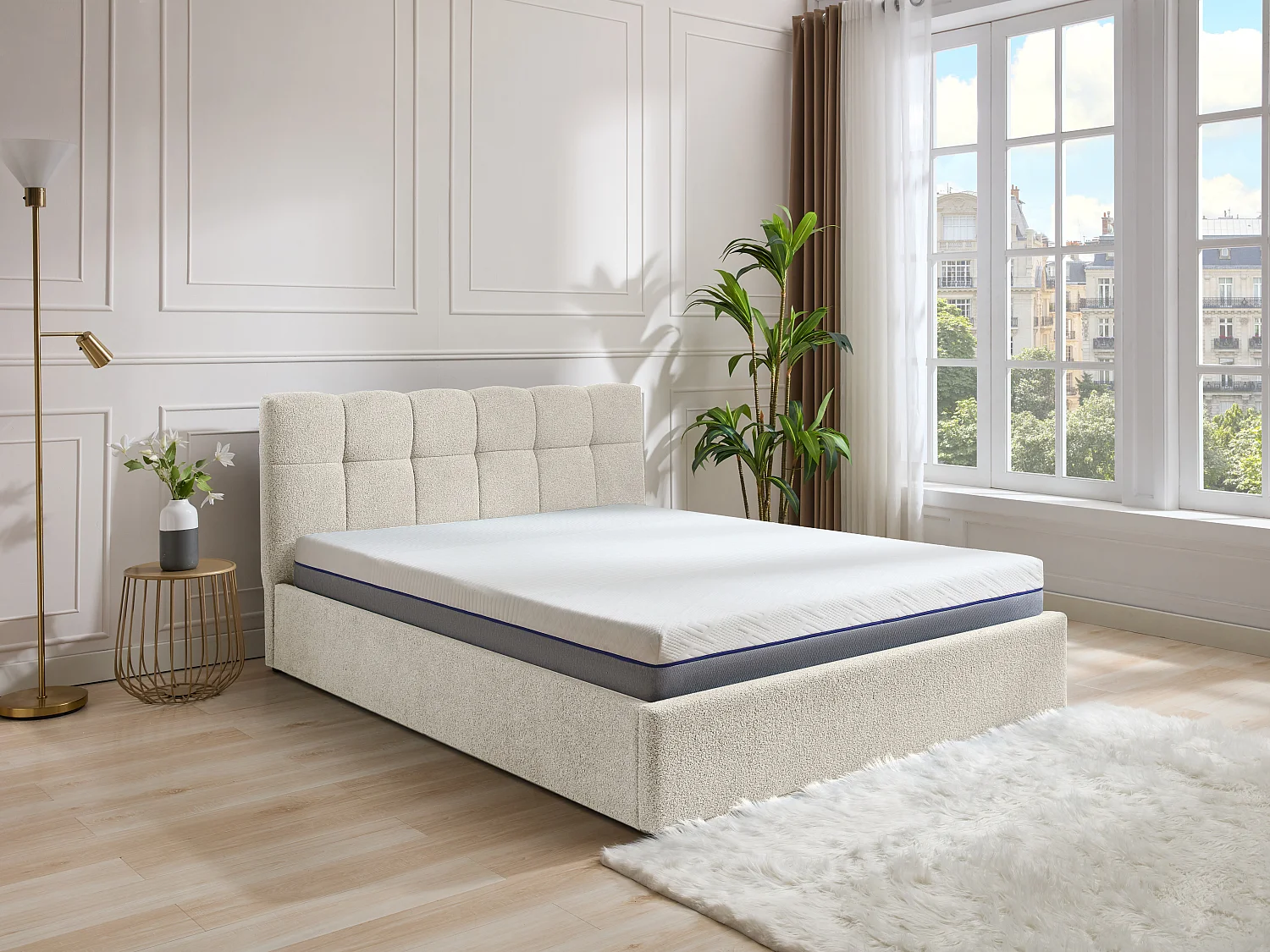 Lit coffre 160 x 200 cm - Tissu bouclette - Blanc - MAZIRI