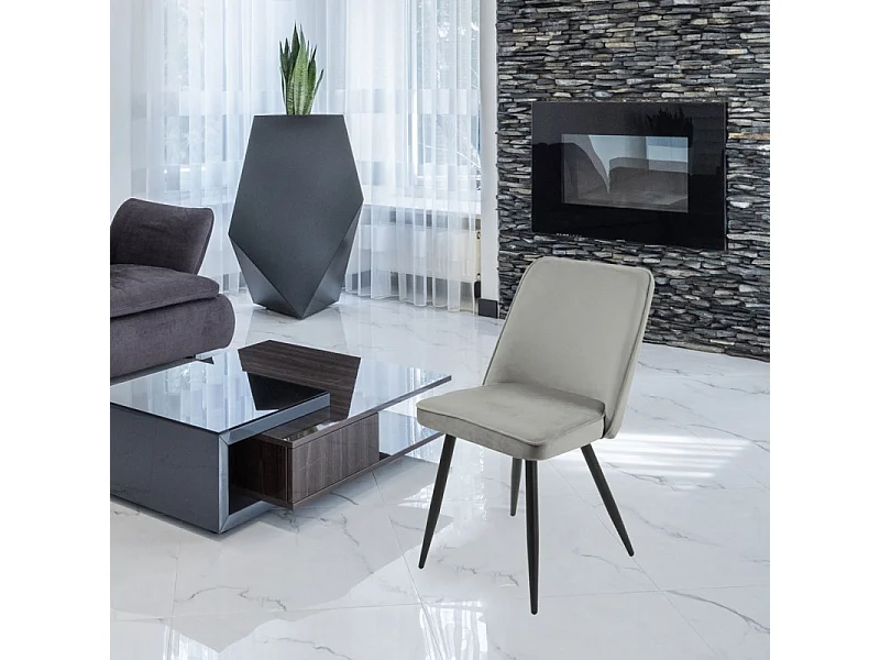 Lot de 2 chaises en velours gris clair piètement en métal noir – TELLY