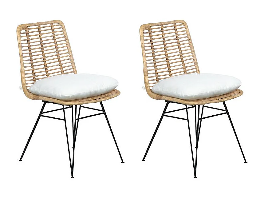 Lot 2 chaises en rotin naturel avec coussins et pieds métal - KANDY