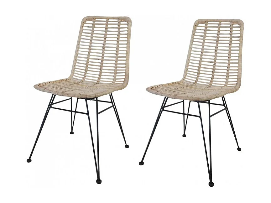Lot 2 chaises en rotin naturel avec coussins et pieds métal - KANDY