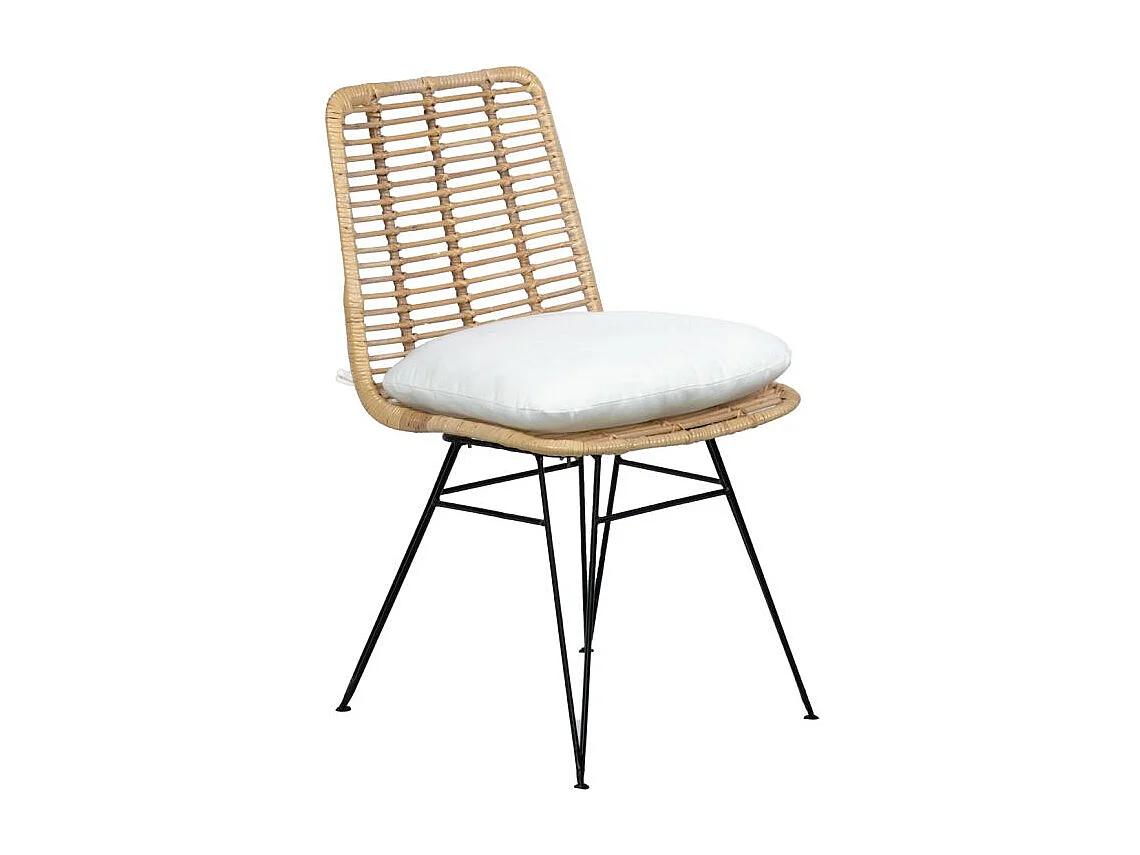 Lot 2 chaises en rotin naturel avec coussins et pieds métal - KANDY