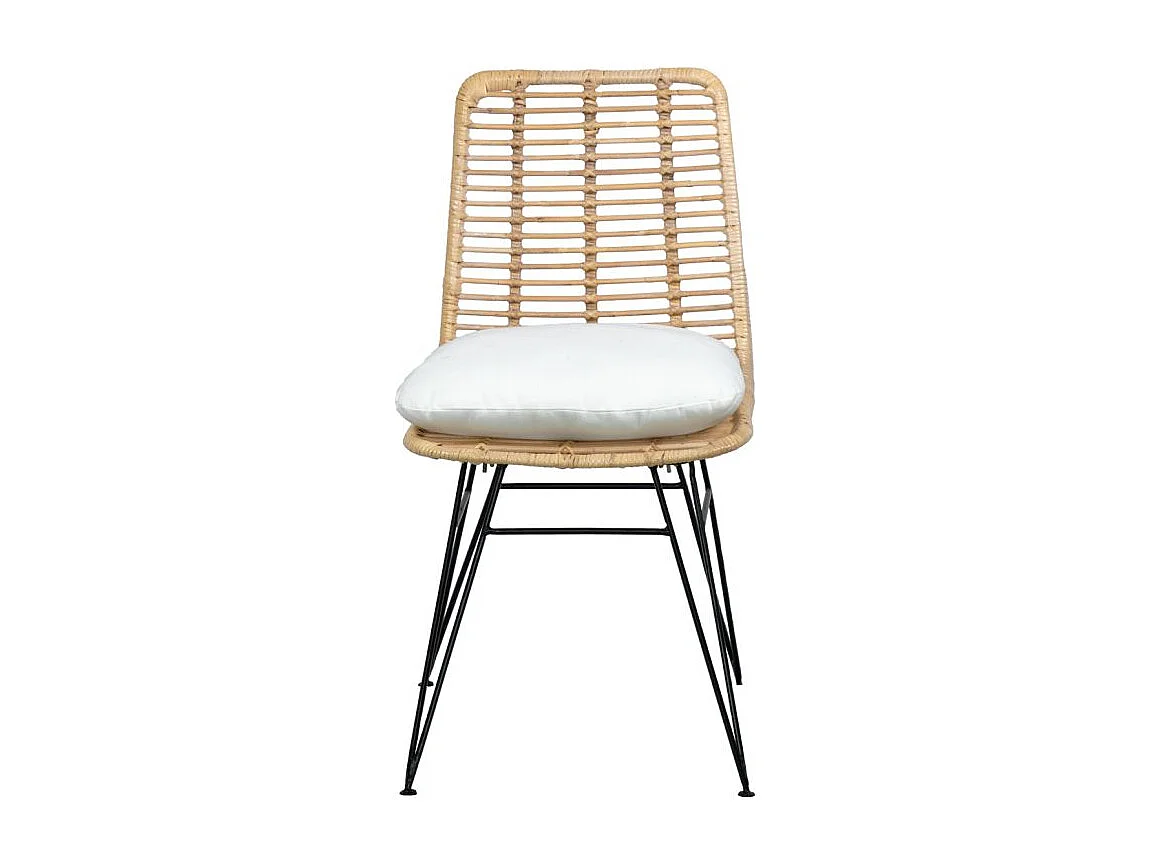 Lot 2 chaises en rotin naturel avec coussins et pieds métal - KANDY