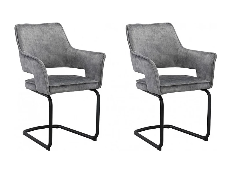 Lot de 2 chaises tissu gris clair et piétement en métal noir - RIO