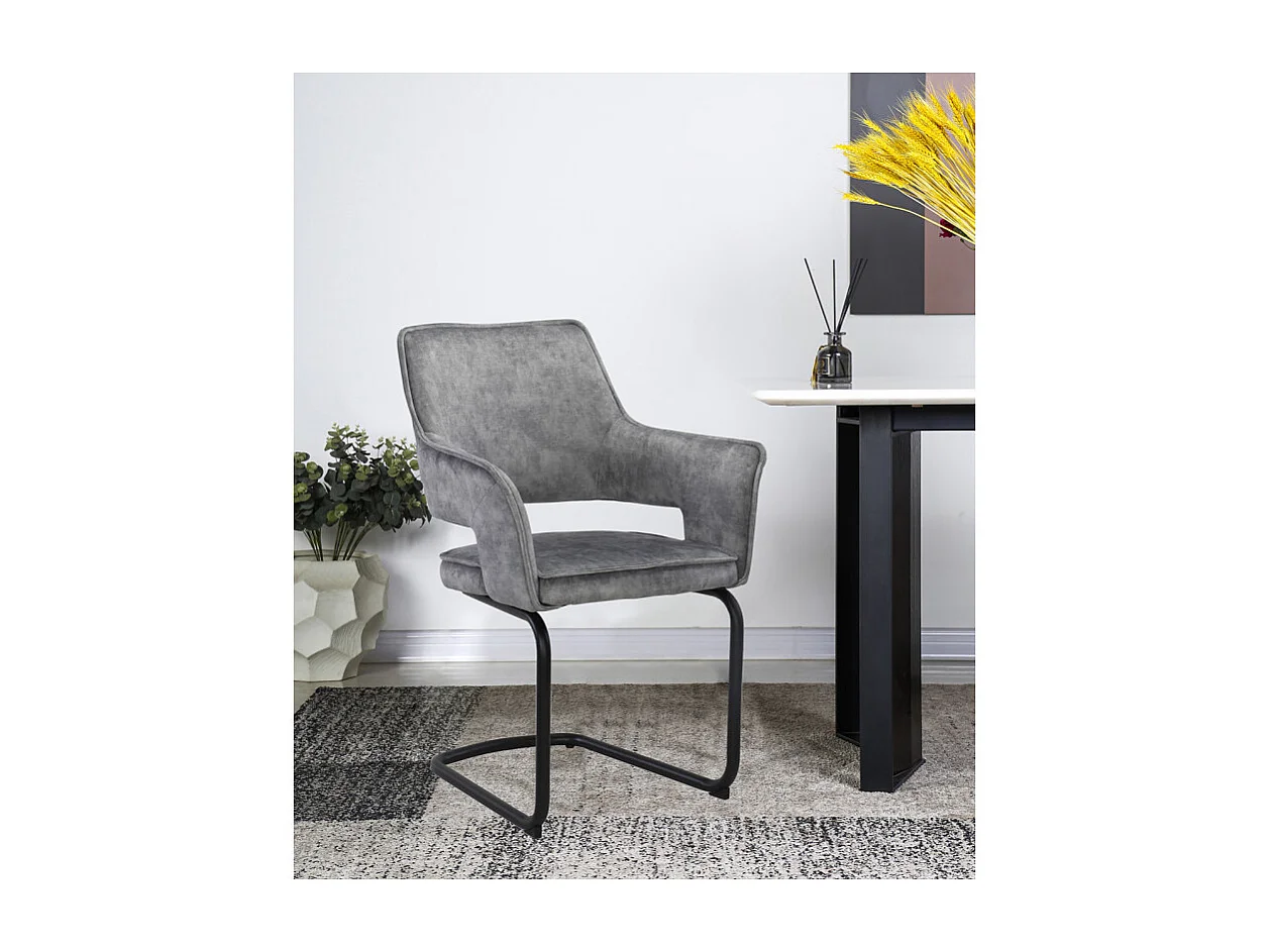 Lot de 2 chaises tissu gris clair et piétement en métal noir - RIO