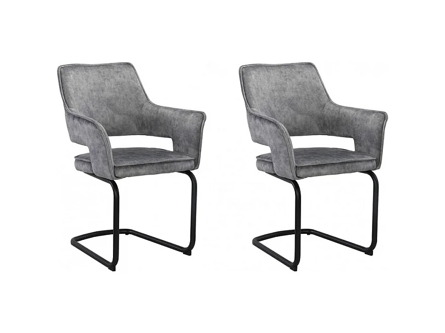 Lot de 2 chaises tissu gris clair et piétement en métal noir - RIO