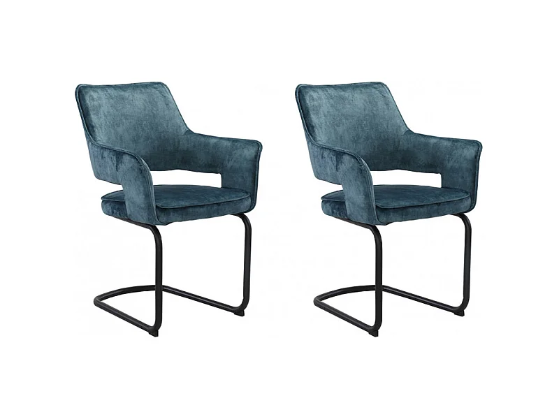 Lot de 2 chaises tissu bleu et piétement métal noir - RIO