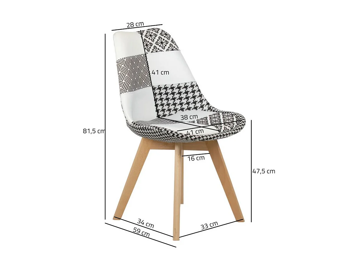 Lot 2 chaises scandinave en tissu patchwork motif noir et blanc - LIDY