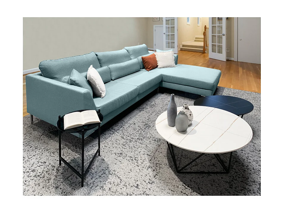 Canapé d'angle droit tissu chiné vert de gris et pieds métal - SCAVO