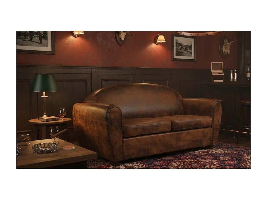 Canapé 2 places 144 cm simili marron effet vieilli style club - CUBA