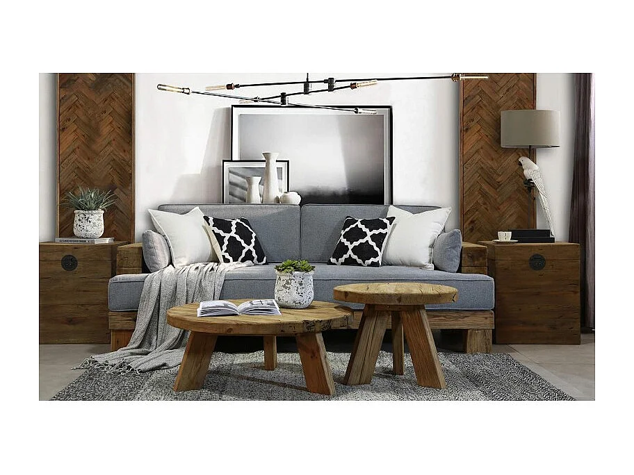 Canapé 3 places 224 cm en bois massif recyclé et tissu gris - CHALET