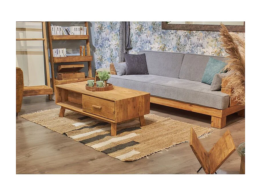 Canapé 3 places 224 cm en bois massif recyclé et tissu gris - CHALET