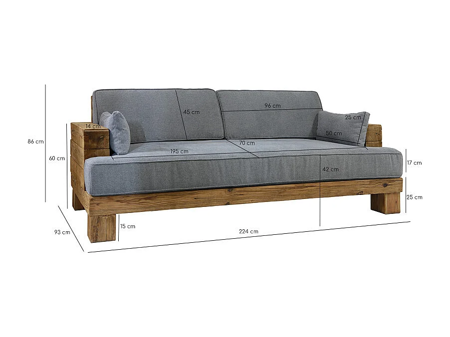 Canapé 3 places 224 cm en bois massif recyclé et tissu gris - CHALET