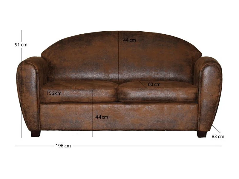 Canapé 3 places 196 cm simili marron effet vieilli style club - CUBA