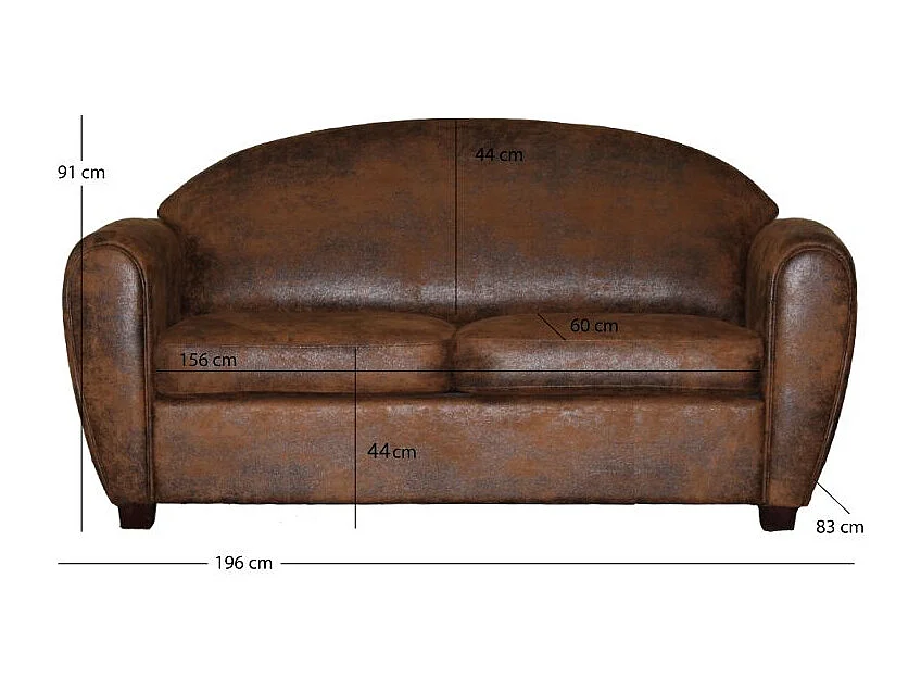 Canapé 3 places 196 cm simili marron effet vieilli style club - CUBA