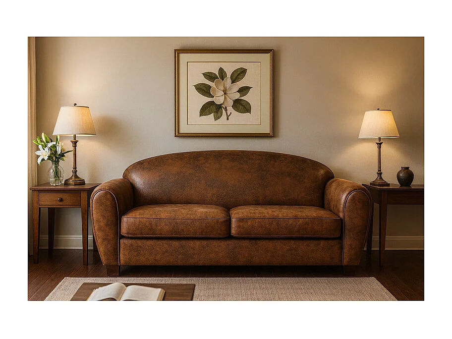 Canapé 3 places 196 cm simili marron effet vieilli style club - CUBA