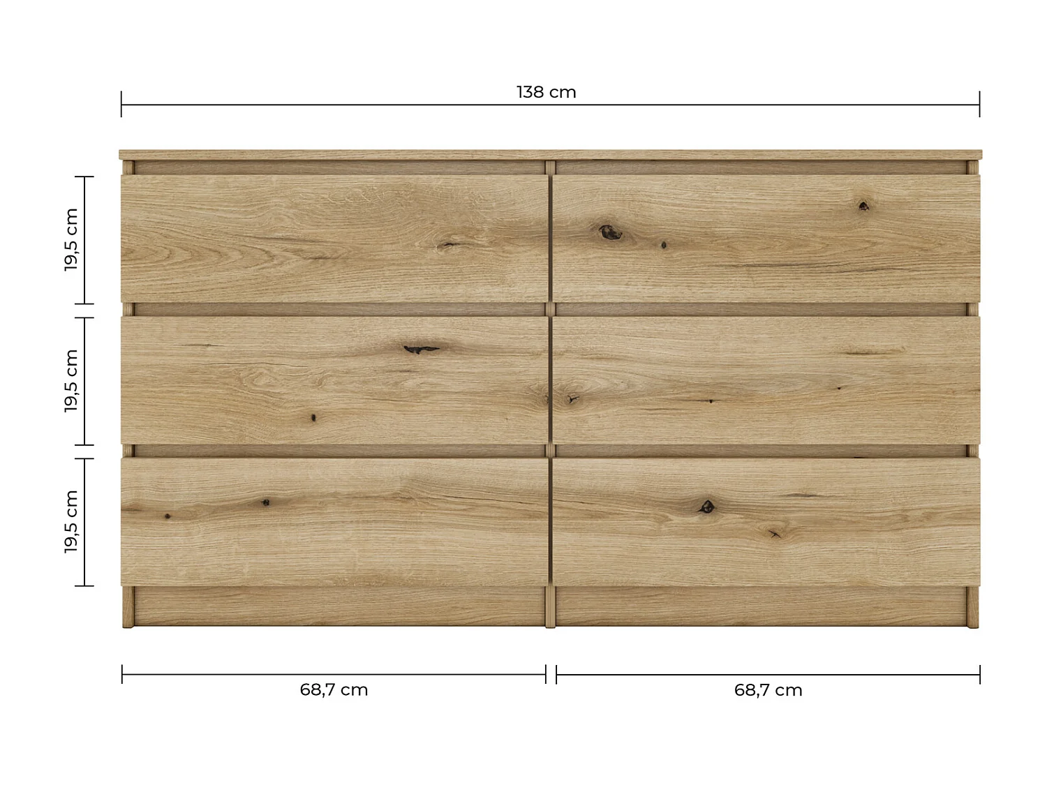 ASTER - Commode large chambre salon bureau - 6 tiroirs - 138x40x75cm - 6 tiroirs - Style scandinave - Aspect bois