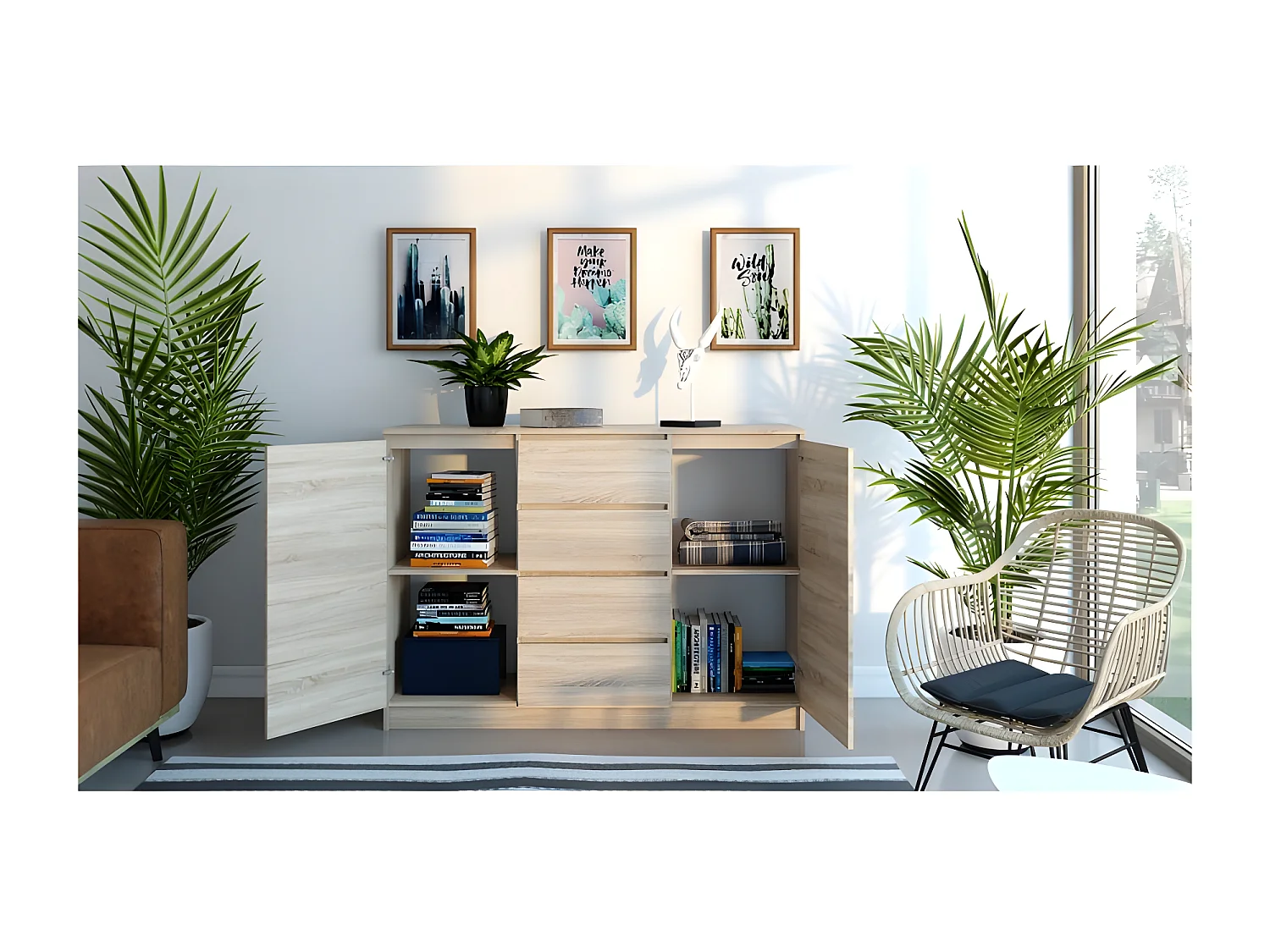 PARME | Commode style moderne chambre/salon/bureau | 120x40x97 | 2 portes+ 4 triroirs | Meuble de rangement moderne