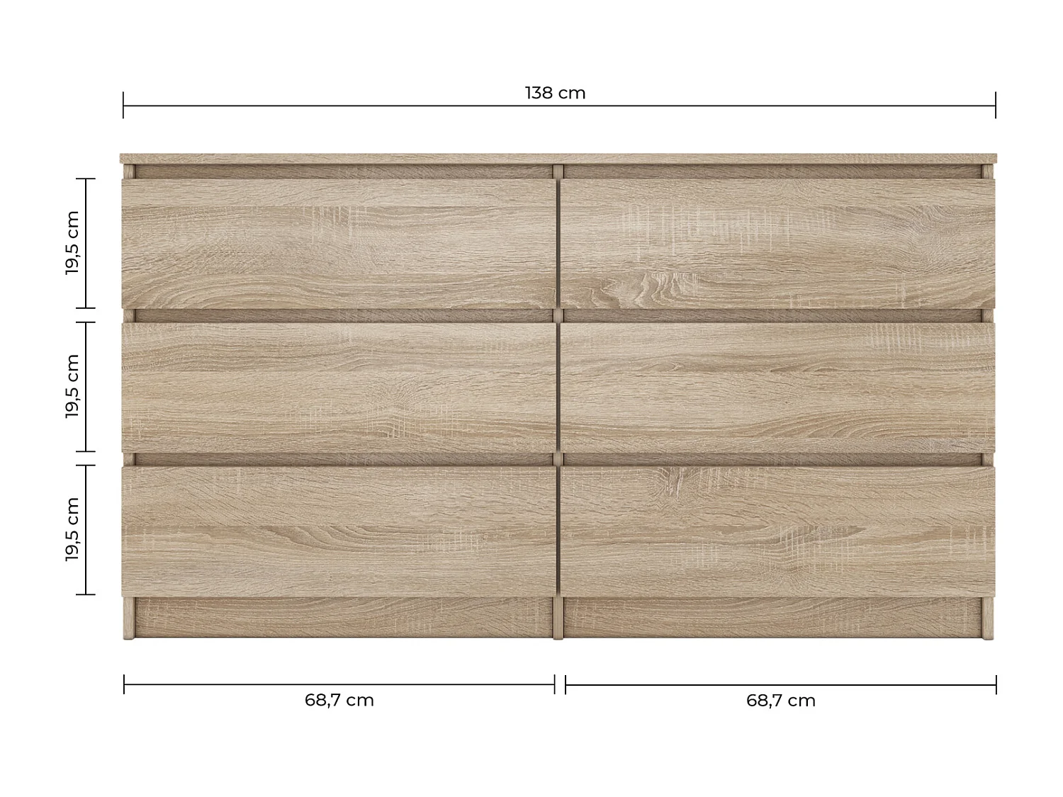 ASTER - Cómoda de estilo moderno para salón / dormitorio - 138x40x75 cm - 6 cajones - Mueble de almacenamiento